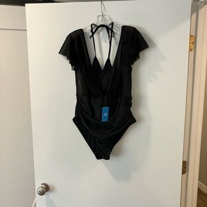 Cupshe Black Two-Piece Surplice Mesh Swimsuit with Flutter Sleeves